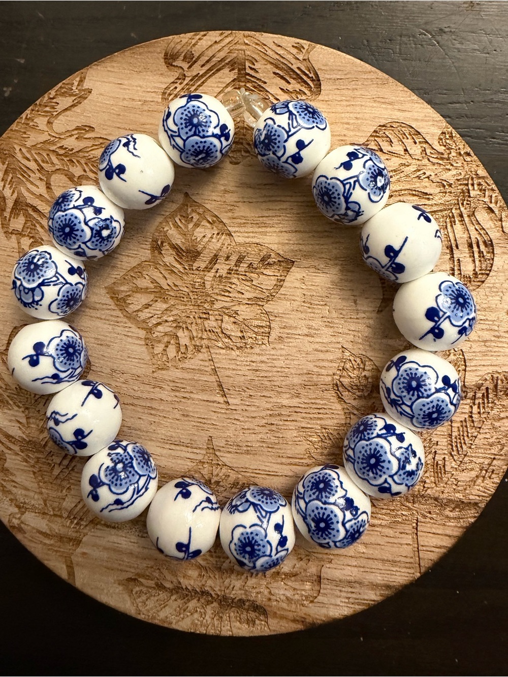 Blue & White Floral Bead Stretch Bracelet - Women Jewelry